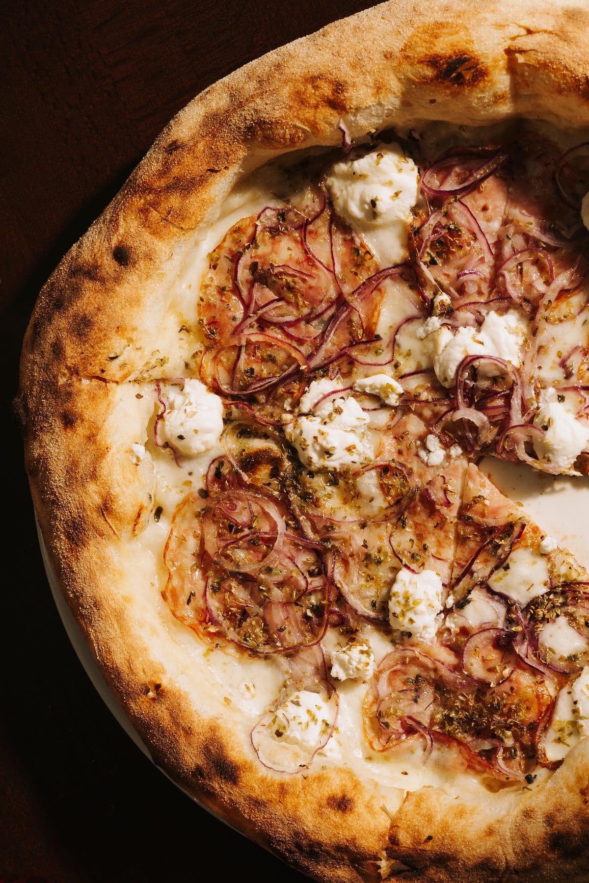 Sourdough pizza with burrata, fresh from the oven